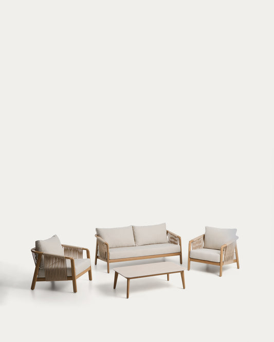 Sirte outdoor set with 3-seater sofa, 2 armchairs and aluminium table with wood-effect finish and ecru cushions