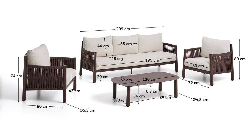 Aleria set with 3-seater sofa, 2 armchairs and coffee table in brown aluminium and synthetic rope cord