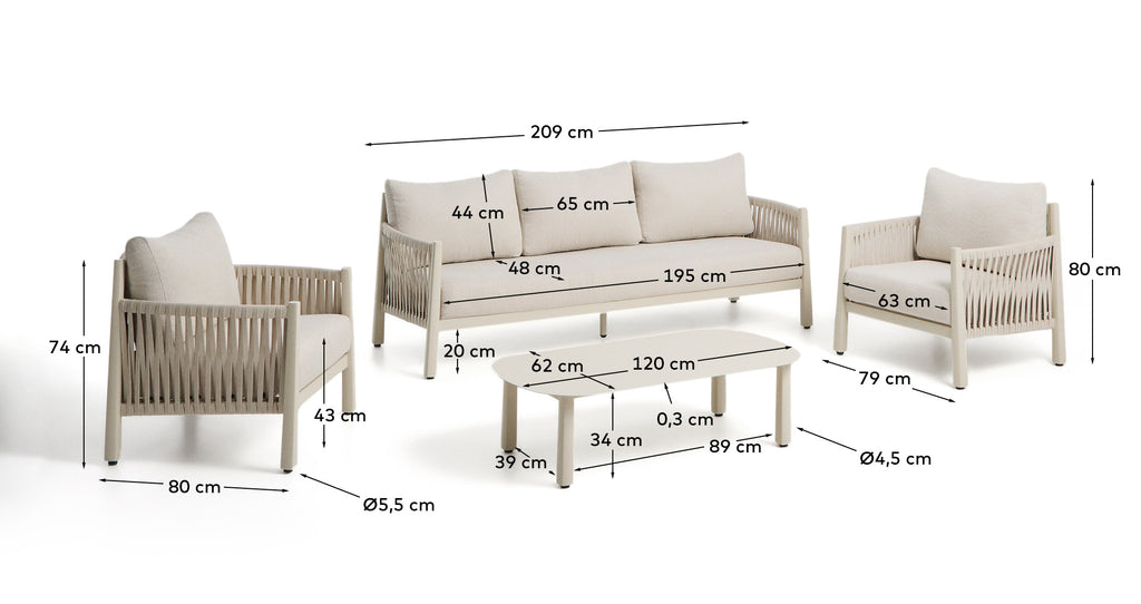 Aleria set with 3-seater sofa, 2 armchairs and coffee table in aluminium and ecru synthetic rope