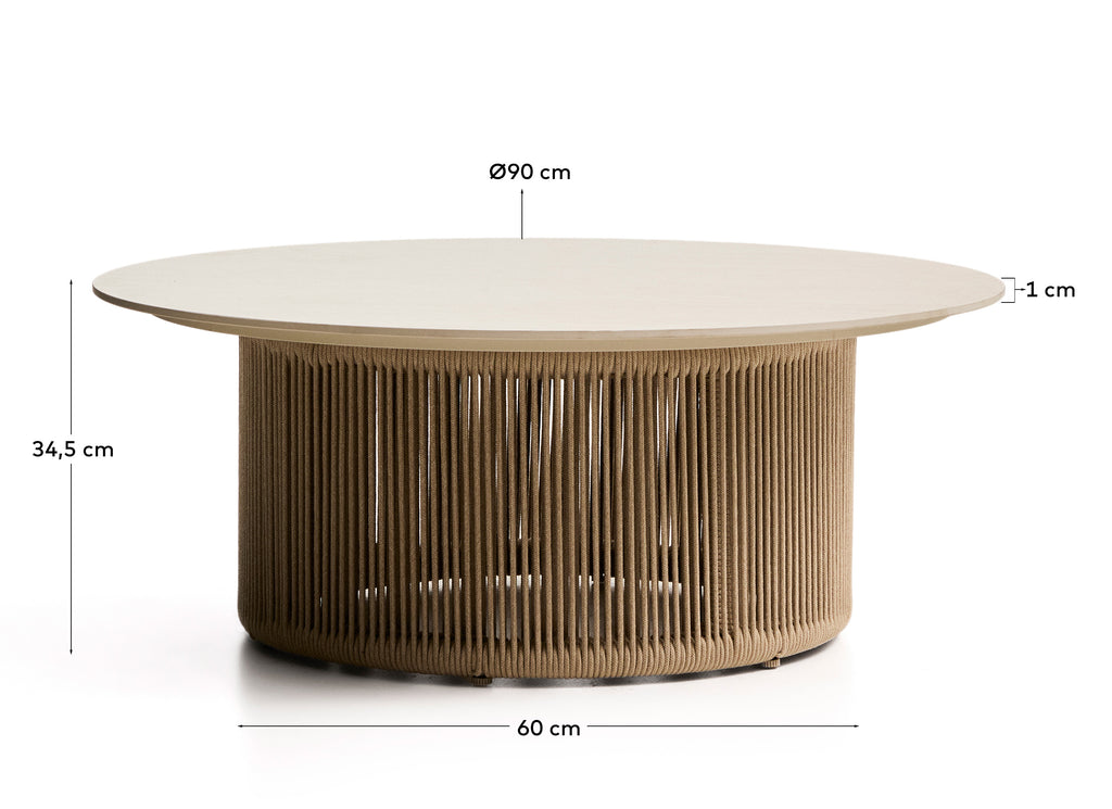 Orosei outdoor coffee table in sintered stone, ecru aluminium and beige rope Ø 90 cm