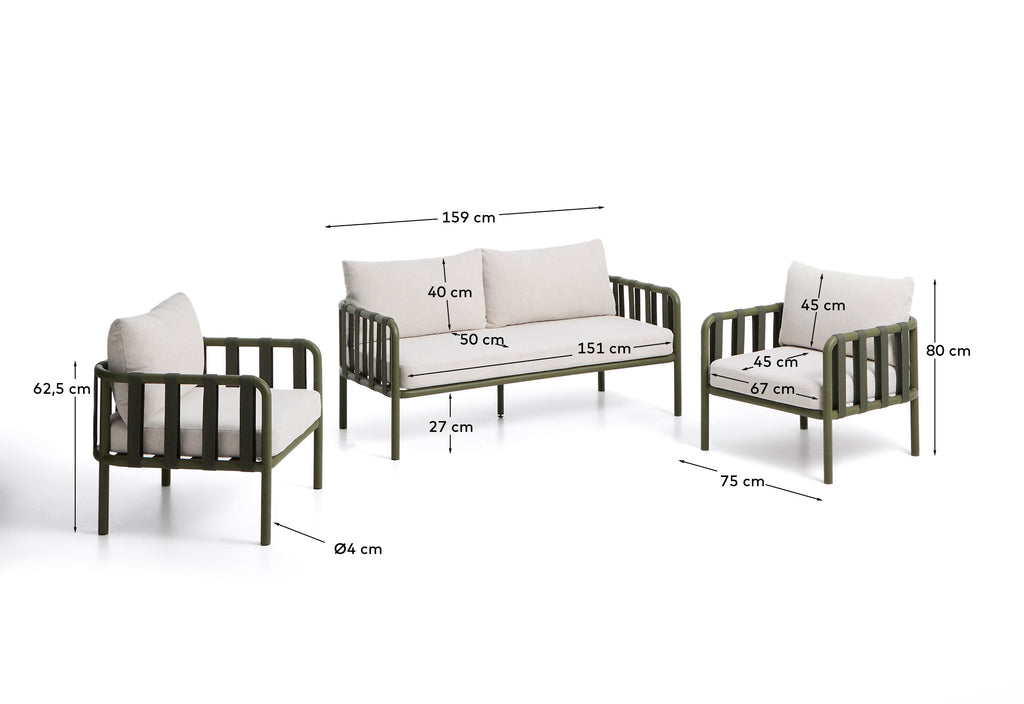 Omala set consisting of 2-seater sofa and 2 armchairs with green aluminium structure