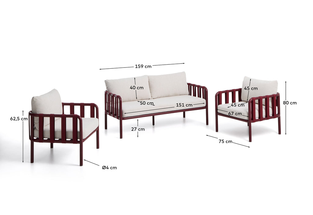 Omala set consisting of 2-seater sofa and 2 armchairs in burgundy rope cord and aluminium