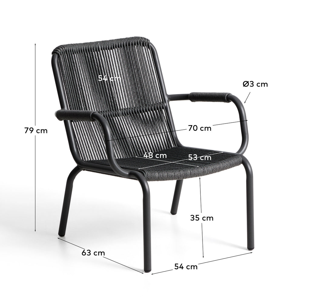 Salis stackable armchair in graphite aluminium and dark grey synthetic rope cord