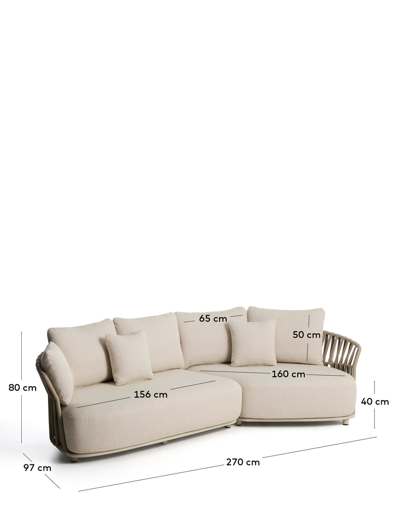 Osani 3-seater sofa in ecru aluminium and taupe rope 274 cm