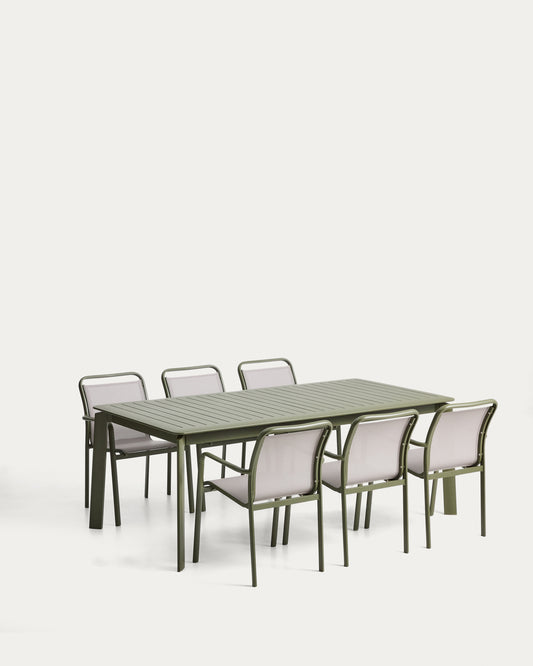 Set with Brela extendable table in green aluminium and 6 stackable Luri chairs in green aluminium and beige texteline 205(287)x100cm