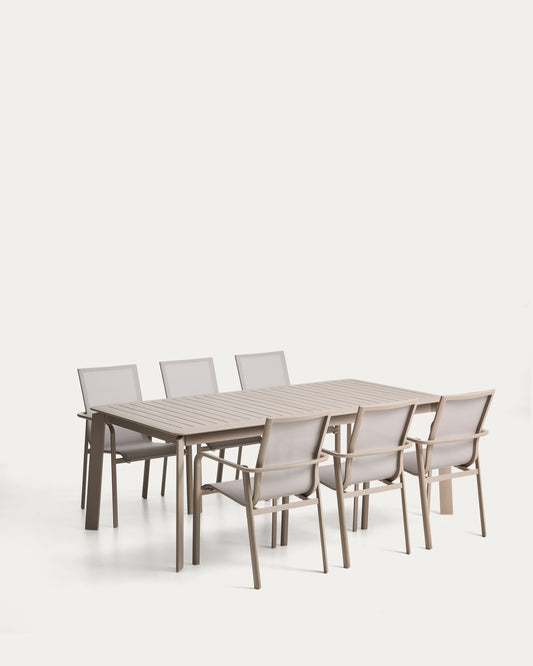 Set with Brela extendable table in taupe aluminium and 6 stackable Canea chairs in taupe aluminium and beige texteline 205(287)x100 cm