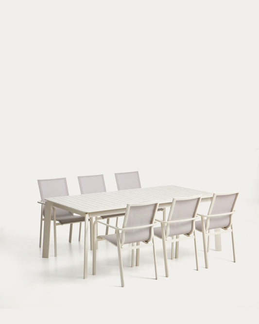 Set with Brela extendable table in ecru aluminium and 6 stackable Canea chairs in ecru aluminium and beige texteline 205(287)x100 cm