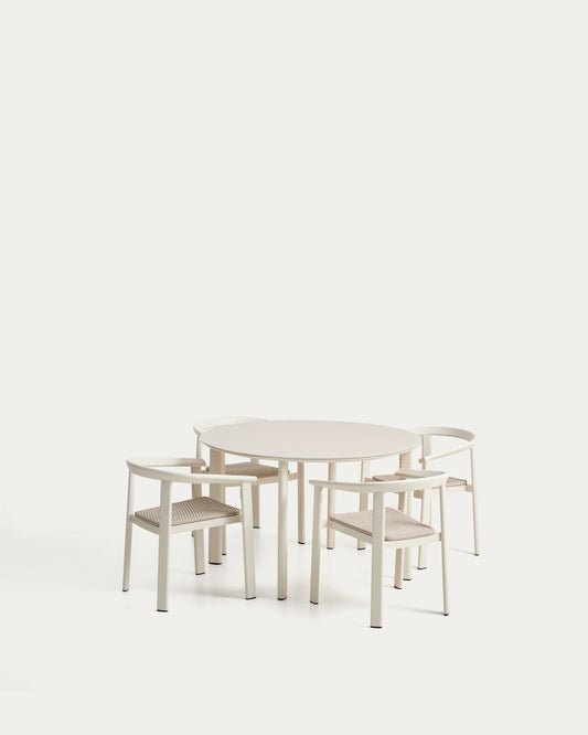 Erice set of 4 stackable chairs in aluminium and rope cord and a table in ecru aluminium and tempered glass Ø120cm