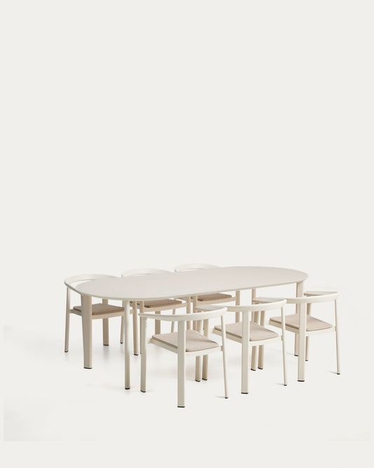 Erice set of 6 aluminium and rope cord stackable chairs and a table in ecru aluminium and tempered glass 230 x 100cm