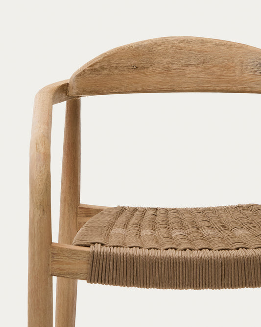 Set with Sori table in solid acacia wood and 4 Nina stackable chairs in beige solid acacia wood and rope cord 200 x 100cm FSC 100%