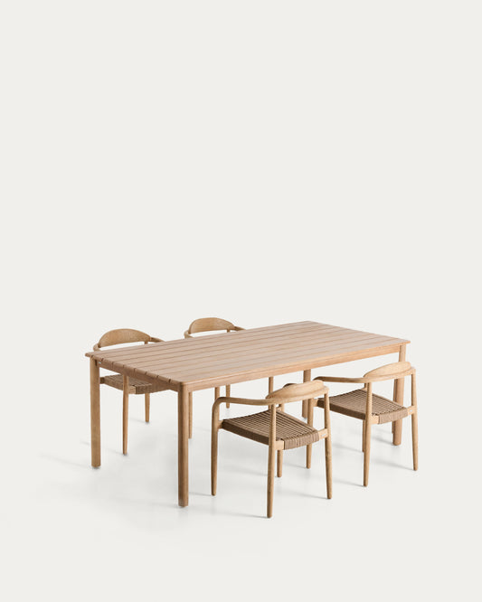Set with Sori table in solid acacia wood and 4 Nina stackable chairs in beige solid acacia wood and rope cord 200 x 100cm FSC 100%