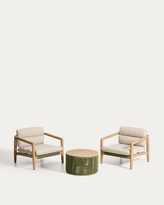 Set of 2 Menfi armchairs in acacia wood and green rope with Dandara coffee table in steel, rope and acacia wood FSC 100% Ø60 cm