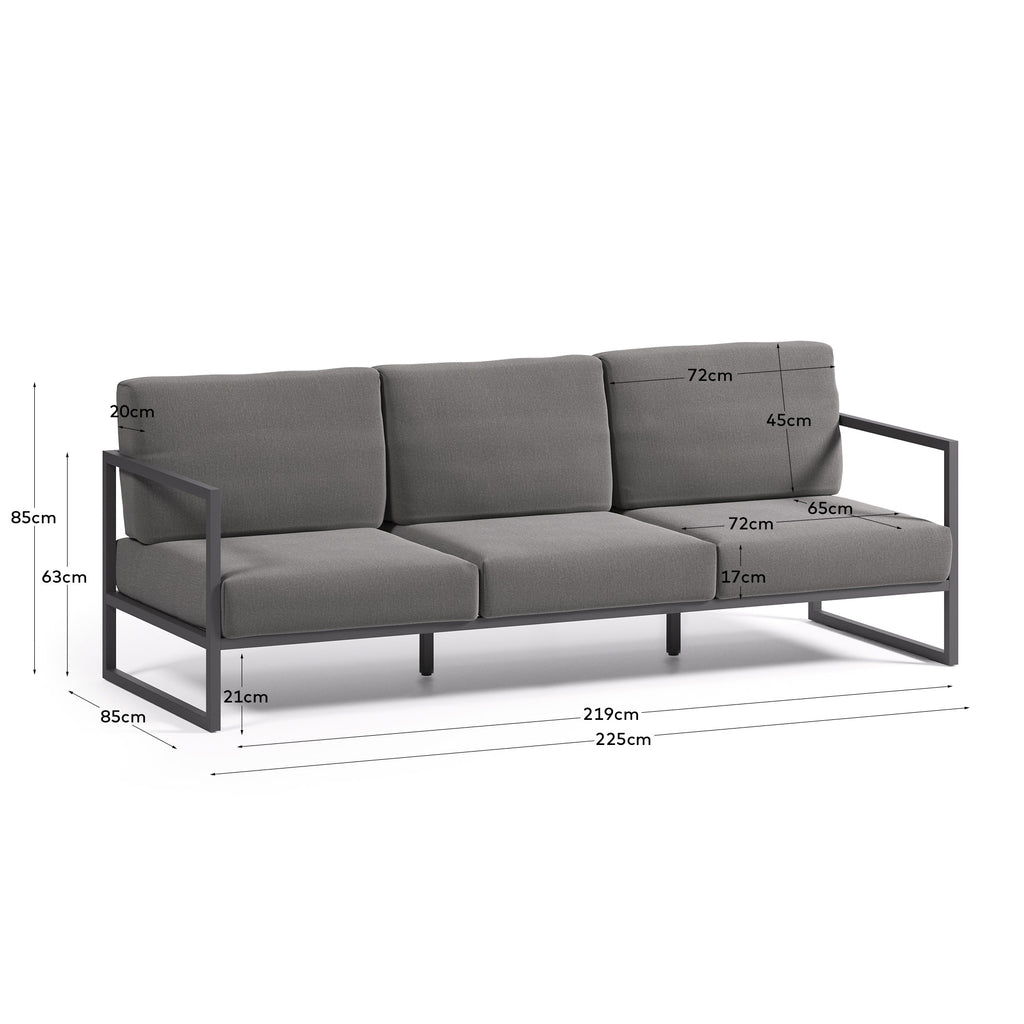 Comova 100% outdoor 3-seater sofa in dark grey and black aluminium, 222 cm