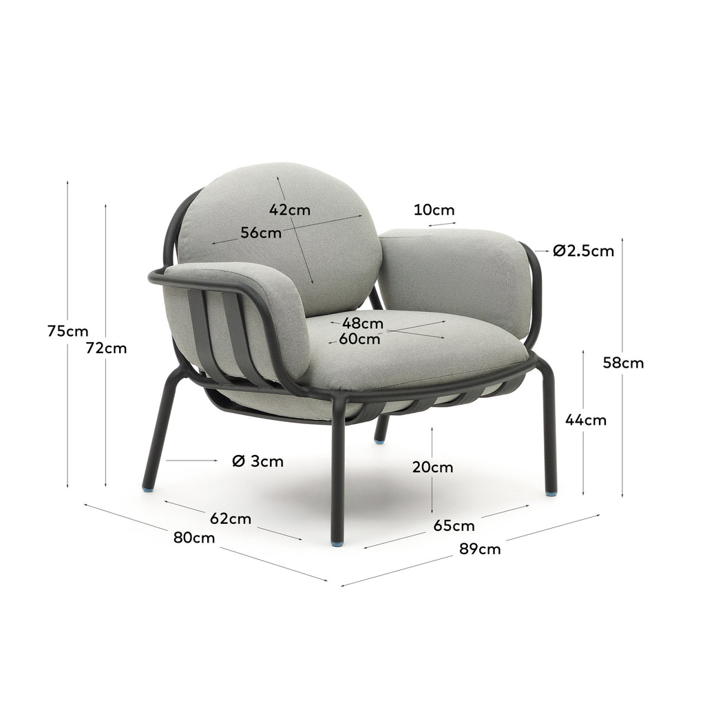 Joncols outdoor armchair in aluminium with green painted finish and grey cushions