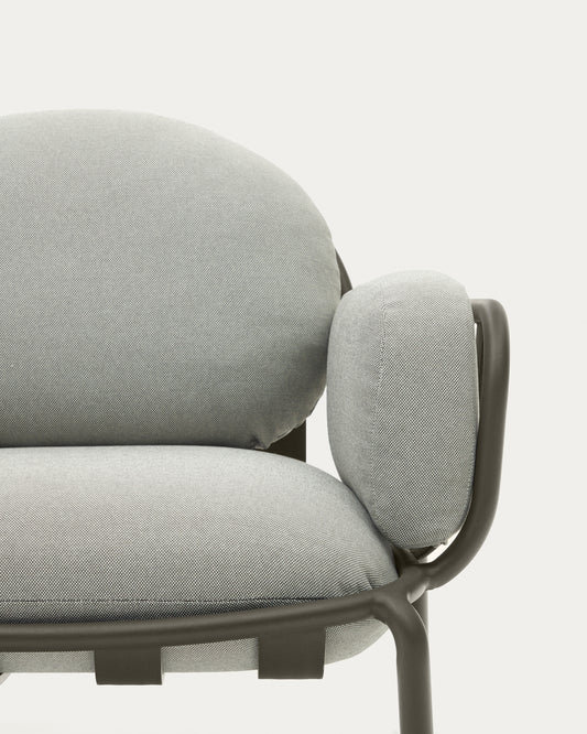 Joncols outdoor armchair in aluminium with green painted finish and grey cushions