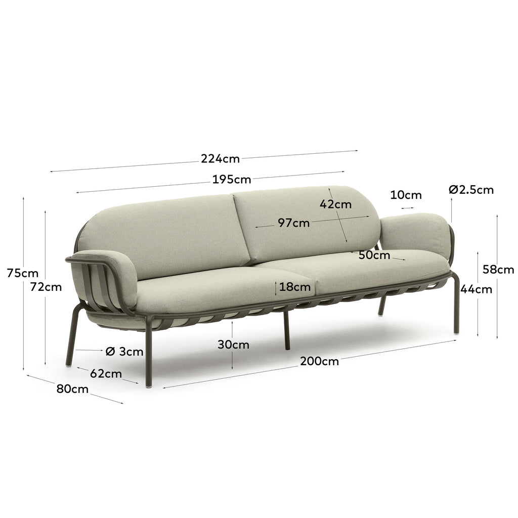 Joncols outdoor 3-seater sofa in aluminium with grey painted finish and beige cushions 224cm