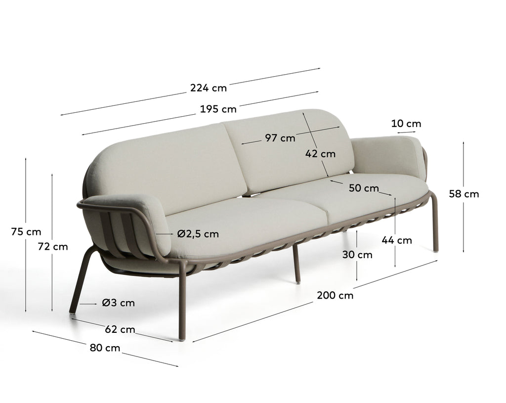 Joncols outdoor 3-seater sofa in aluminium with taupe painted finish and beige cushions 224cm