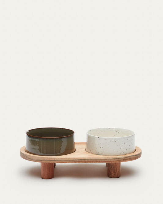 Dumbi set of 2 pet food and water bowls with support in white and brown Ø 14 cm FSC 100%