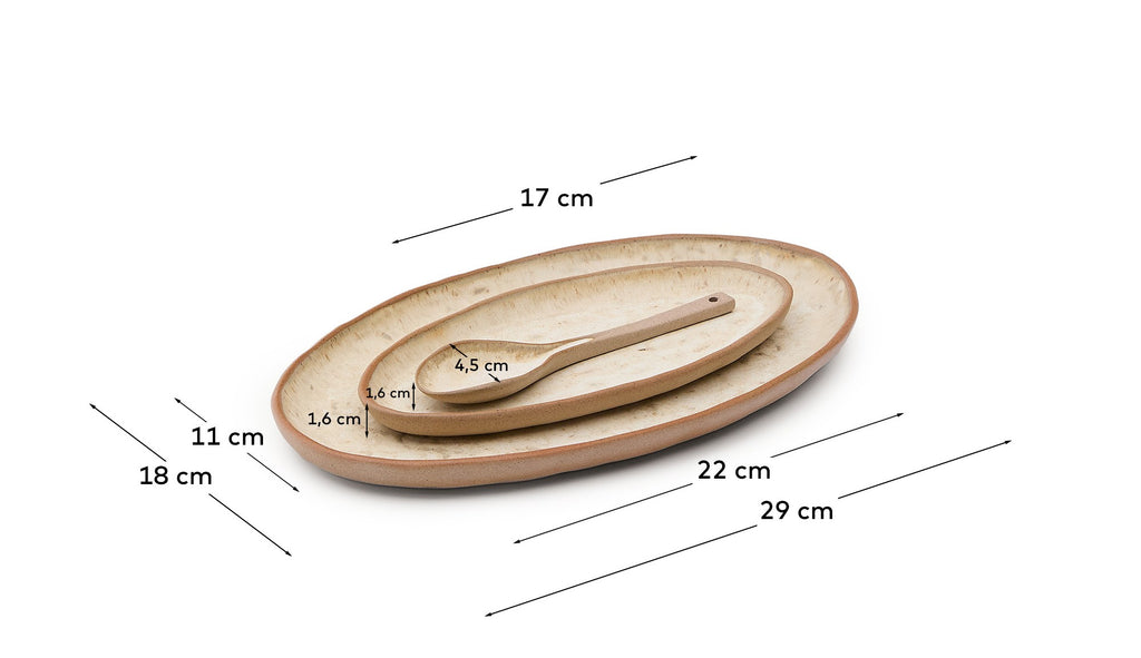 Zunel set of 2 beige ceramic plates and 1 spoon