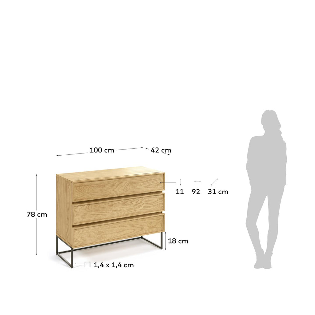 Taiana chest of drawers with oak veneer and steel frame with black finish 100 x 78 cm