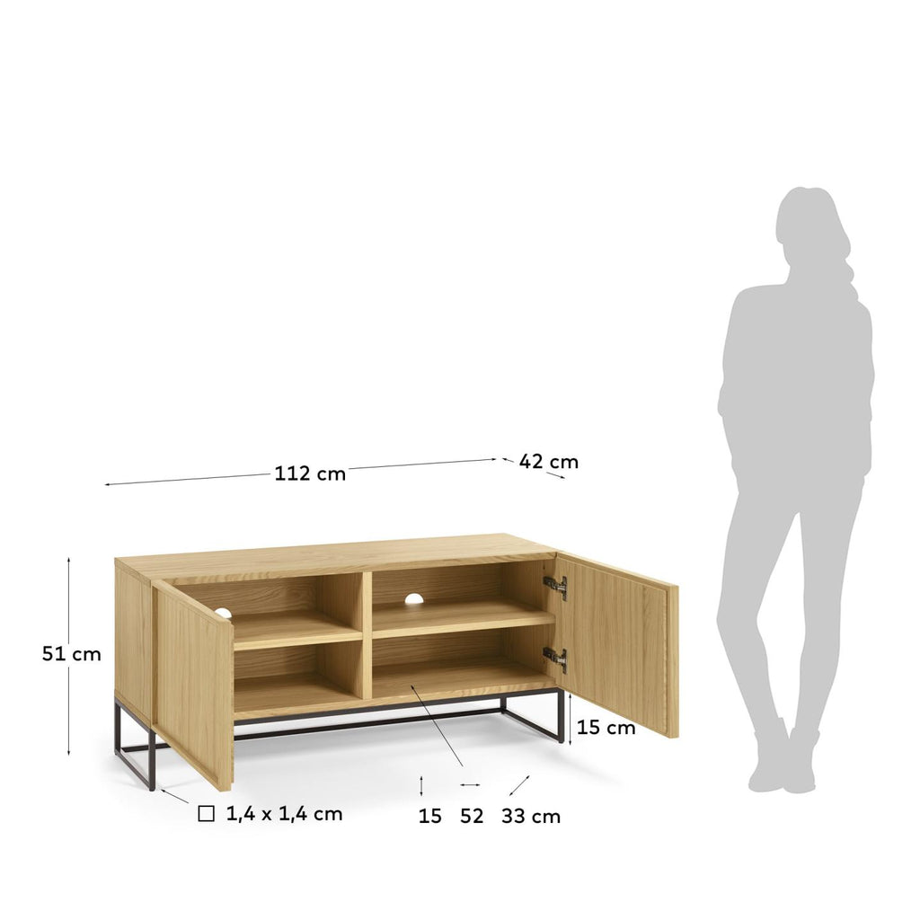 Taiana 2 door TV stand with oak veneer and steel frame in black finish, 112 x 51 cm
