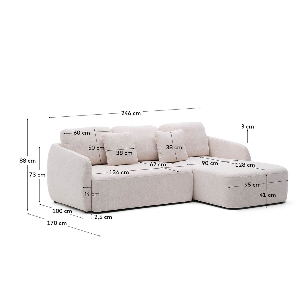 Laira 3-seater sofa bed with right chaise longue in ecru chenille 246cm FSC Mix Credit