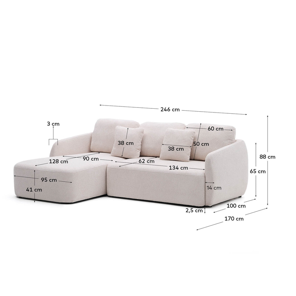 Laira 3-seater sofa bed with left chaise longue in ecru chenille 246cm FSC Mix Credit