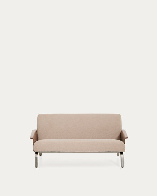 Amsen light brown 2-seater sofa in walnut plywood with brushed stainless steel legs 150cm