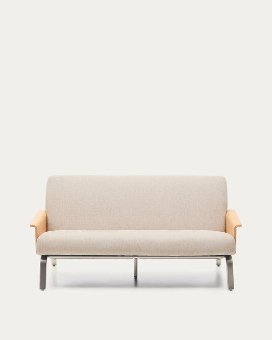 Amsen beige 2-seater sofa in oak plywood with brushed stainless steel legs 150cm FSC 100%