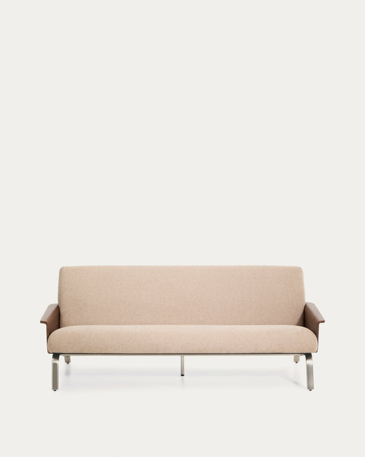 Amsen light brown 3-seater sofa in walnut plywood with brushed stainless steel legs 190cm FSC 100%