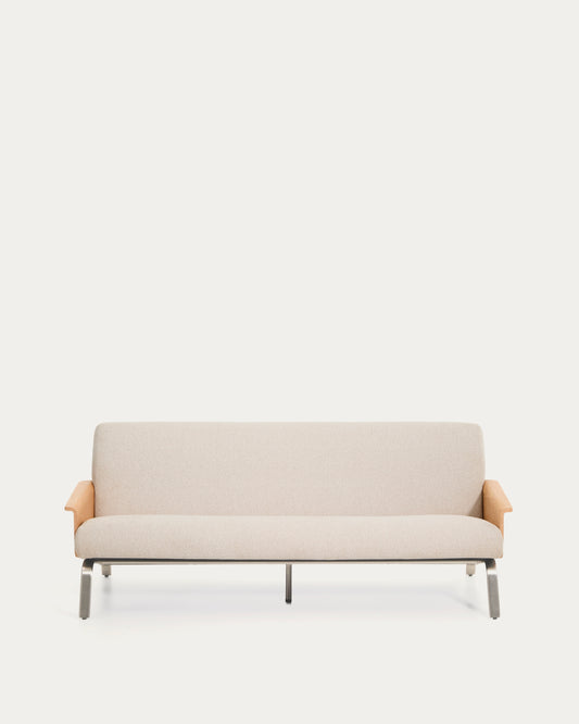 Amsen beige chenille 3-seater sofa in oak plywood with brushed stainless steel legs 190cm FSC 100%