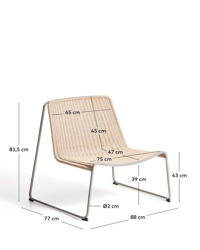 Tavari stackable armchair in beige synthetic rope cord and AISI 304 stainless steel with brushed finish