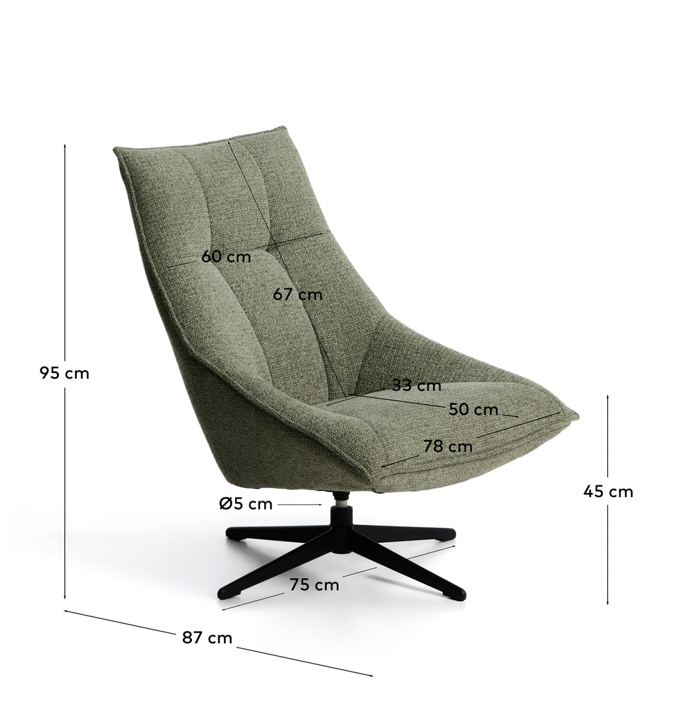 Dirala swivel armchair in green chenille and steel with black finish FSC 100%