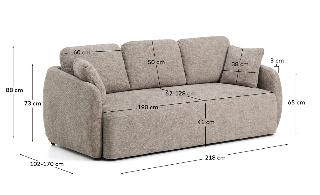 Laira 3-seater sofa bed in taupe chenille 218cm FSC Mix Credit