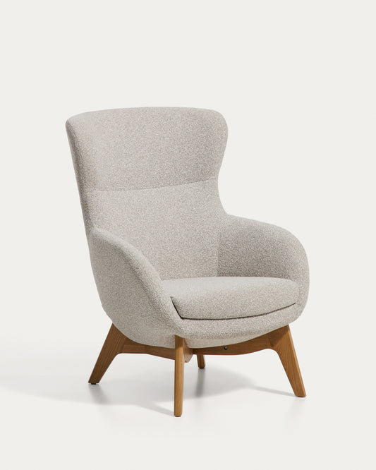 Adiran armchair in beige thick chenille with solid oak wood legs with a natural finish