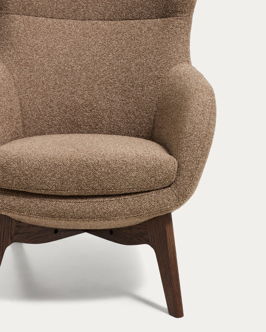 Adiran armchair in light brown thick chenille with solid oak wood legs with a walnut finish