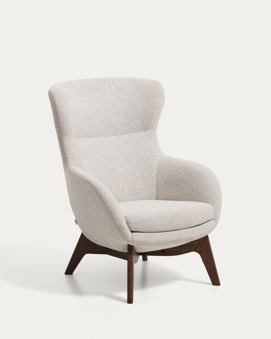 Adiran armchair in beige thick chenille with solid oak wood legs with a walnut finish