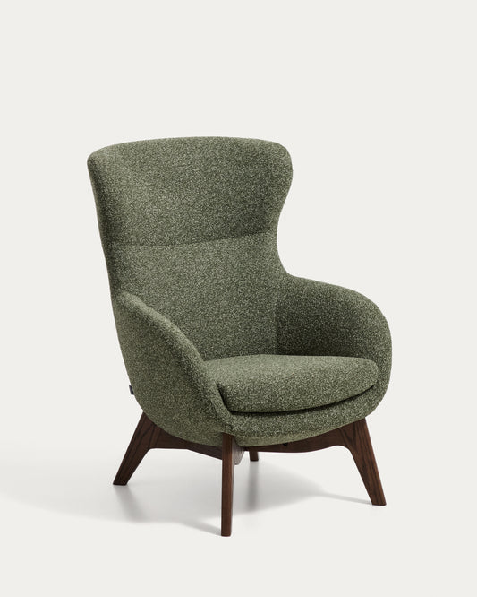 Adiran armchair in moss green thick chenille with solid oak wood legs with a walnut finish