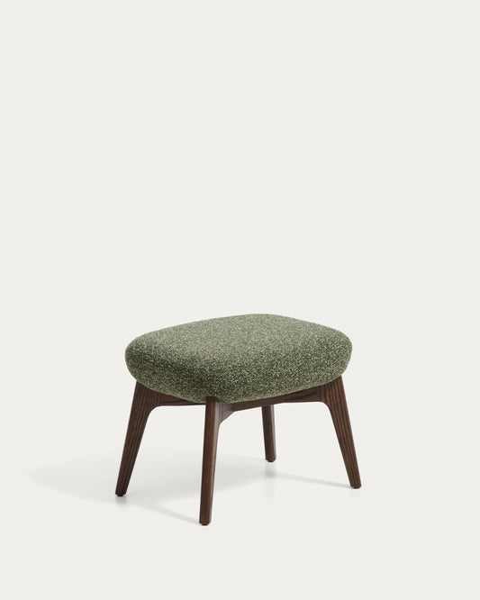 Adiran footrest in moss green thick chenille with solid oak wood legs with a walnut finish