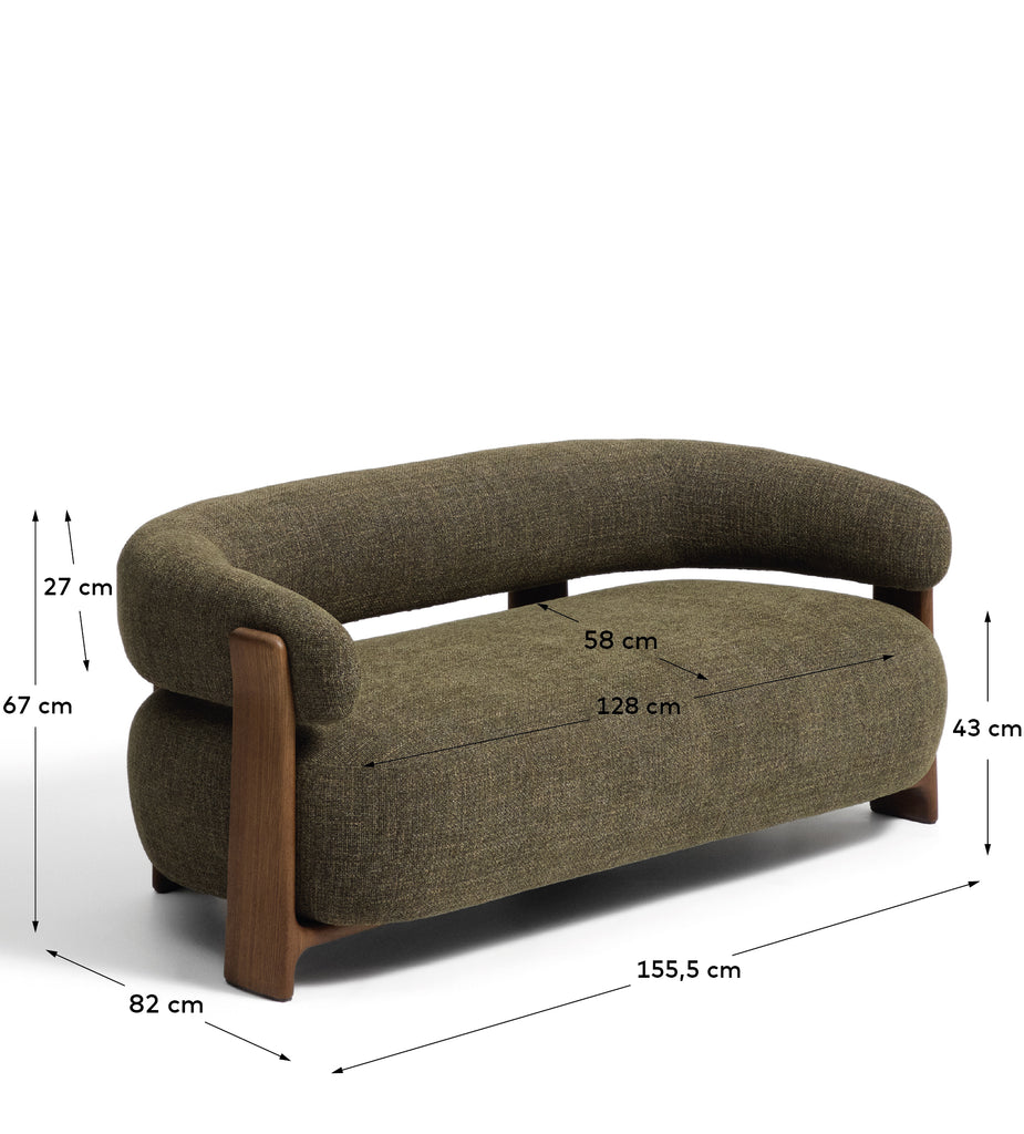 Granite 2-seater sofa in green chenille with solid ash wood legs with walnut finish 155cm FSC 100%