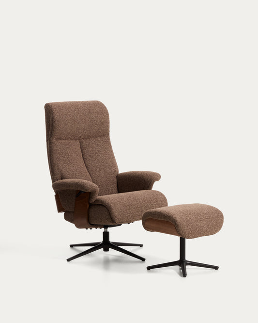 Toriel chocolate brown micro bouclé reclining swivel armchair with footrest and black-finish aluminium legs FSC 100%