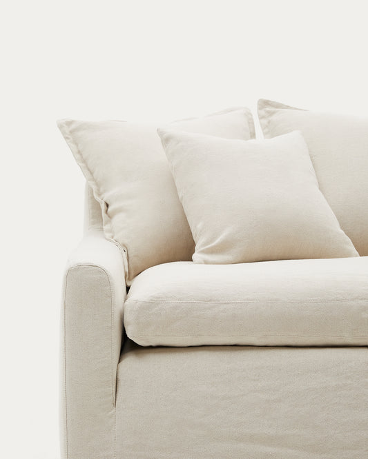 Zenira 3-seater sofa cover with cushions in beige cotton and linen 230cm