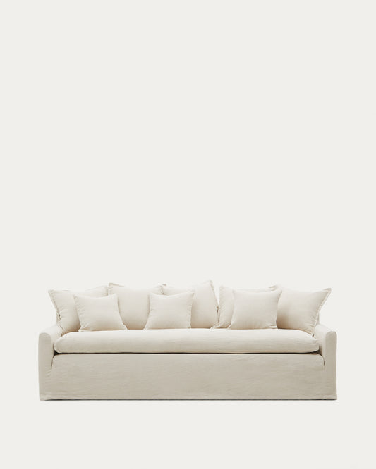 Zenira 3-seater sofa with removable cover and cushions in beige cotton and linen 230cm