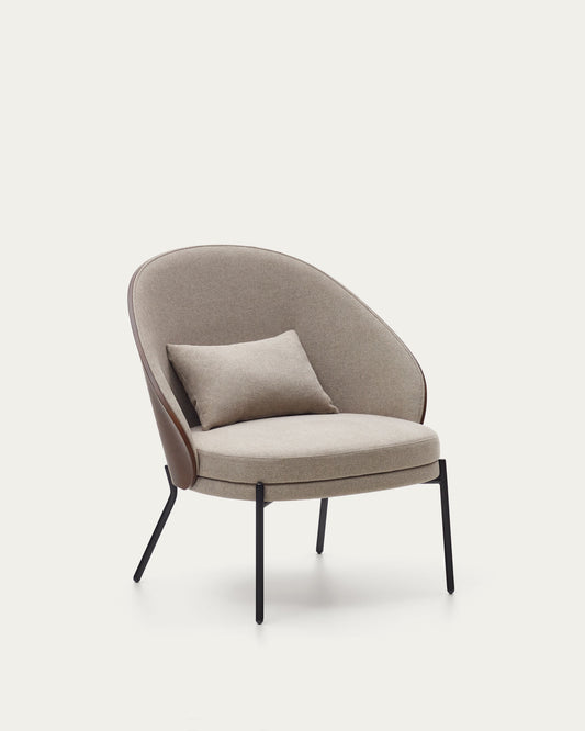 Eamy light brown armchair in an ash wood veneer with a walnut finish and black metal