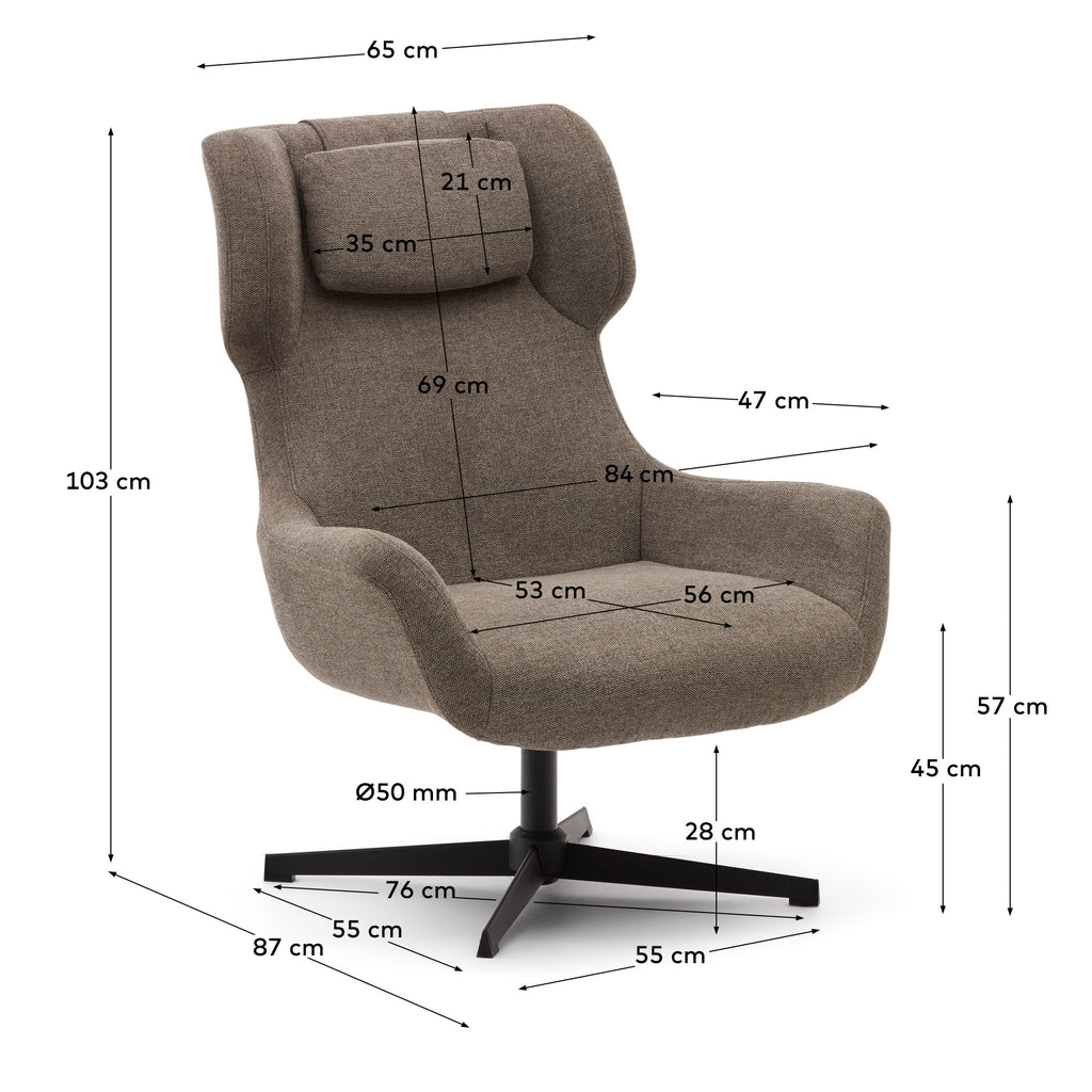 Zalina swivel armchair in light brown chenille and steel with black finish FSC 100%