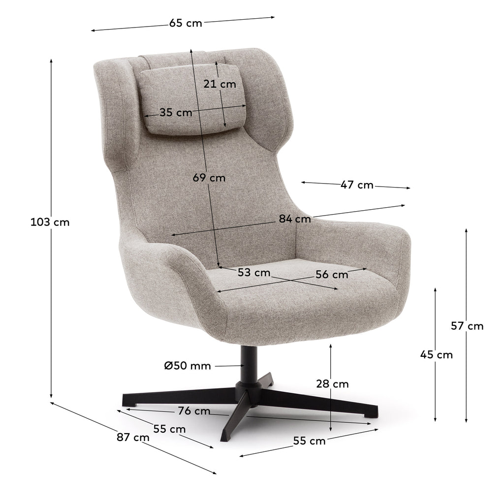 Zalina swivel armchair in beige chenille and steel with black finish FSC 100%