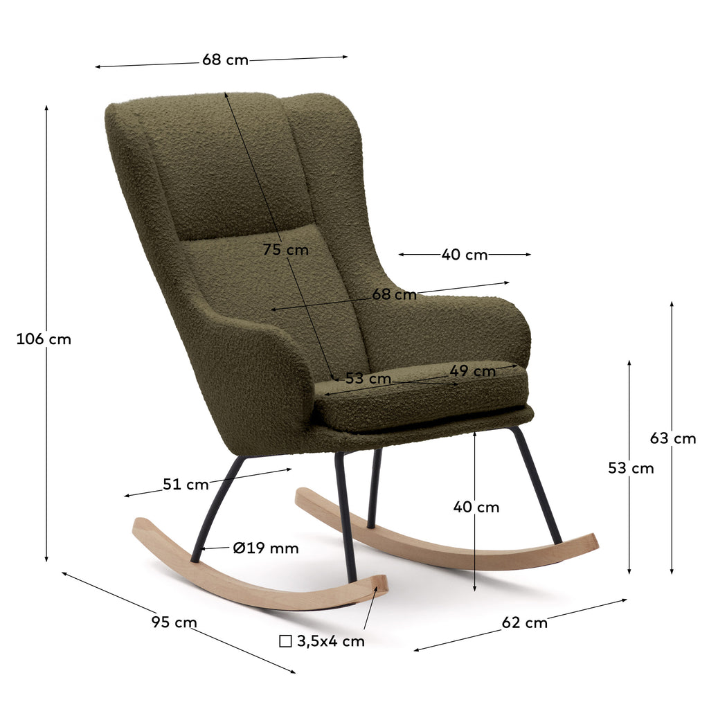 Maustin rocking chair in green bouclé with a dark green steel structure and beech wood