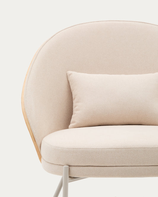 Eamy armchair in beige chenille, in a natural finish ash veneer and beige metal