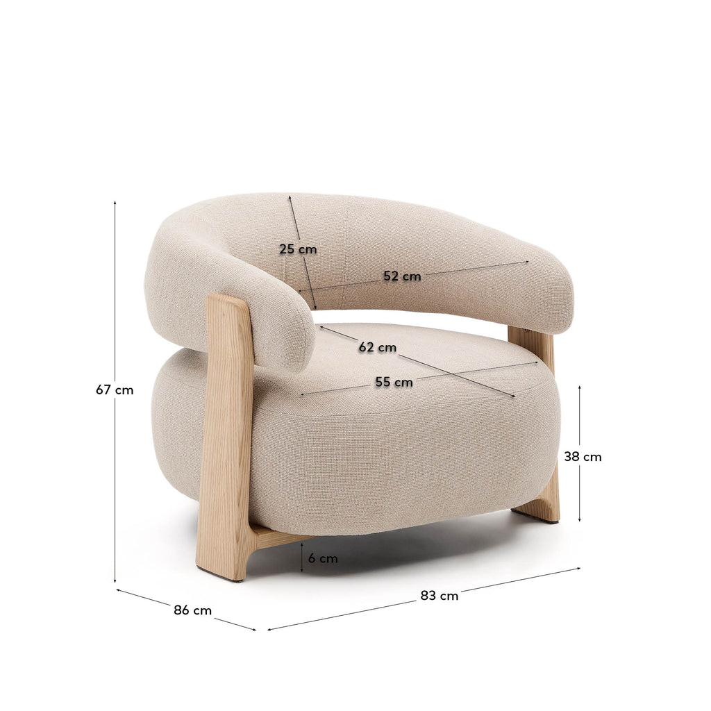 Granite fire-retardant armchair in beige chenille and solid ash wood with natural-coloured finish FSC 100%