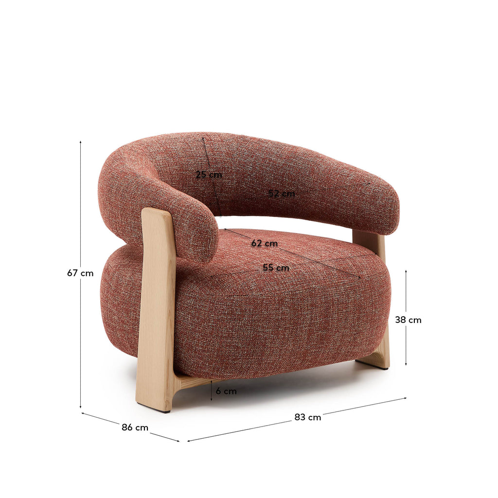 Granite fire-retardant armchair in terracotta chenille and solid ash wood with natural-coloured finish FSC 100%